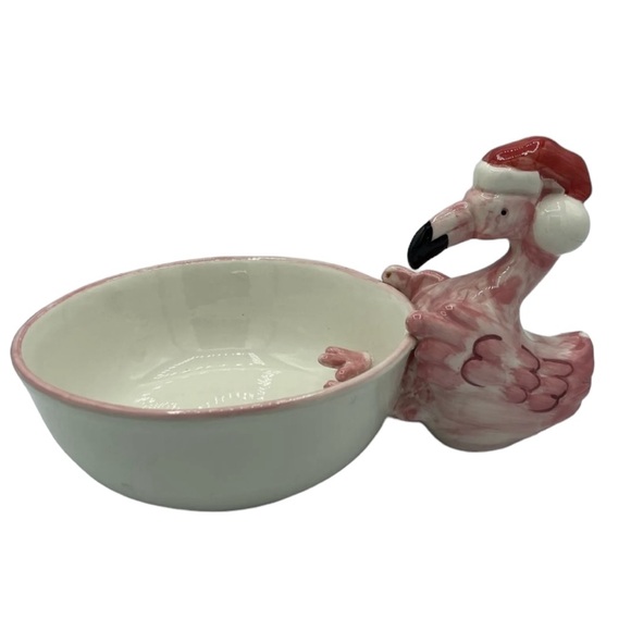 Hansen Ware Festive Pink Flamingo with Red Santa Hat Ceramic Bowl Serving Bowl - Picture 3 of 8